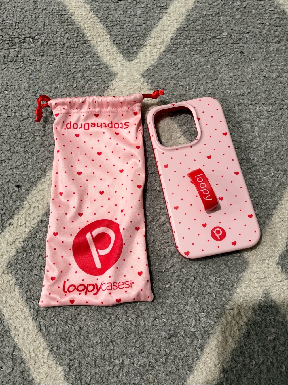 Loopy Case Be Mine Pink Heart iPhone 15 Pro Case w/ Red Loop and Matching Pouch